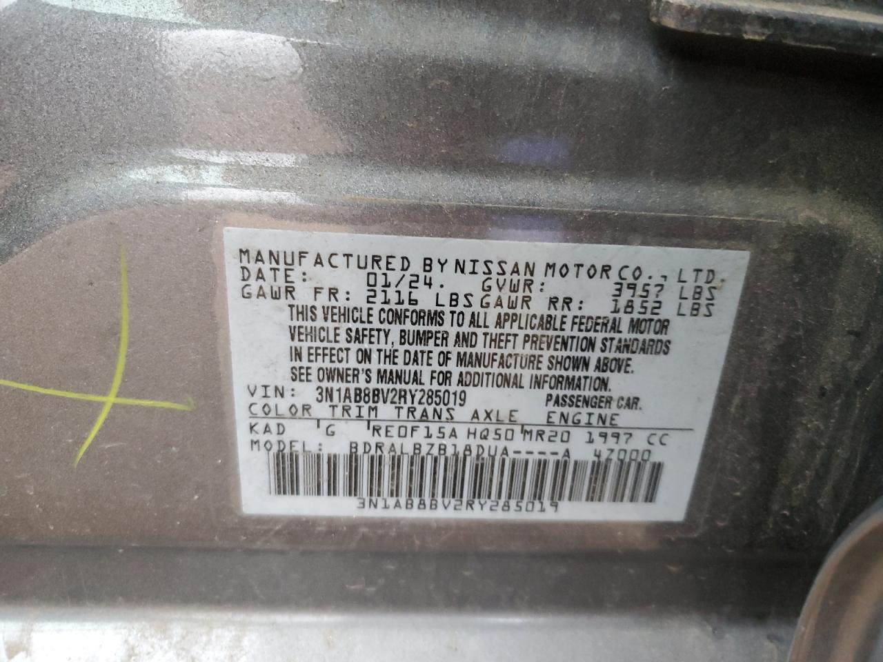 2024 NISSAN SENTRA S VIN:3N1AB8BV2RY285019