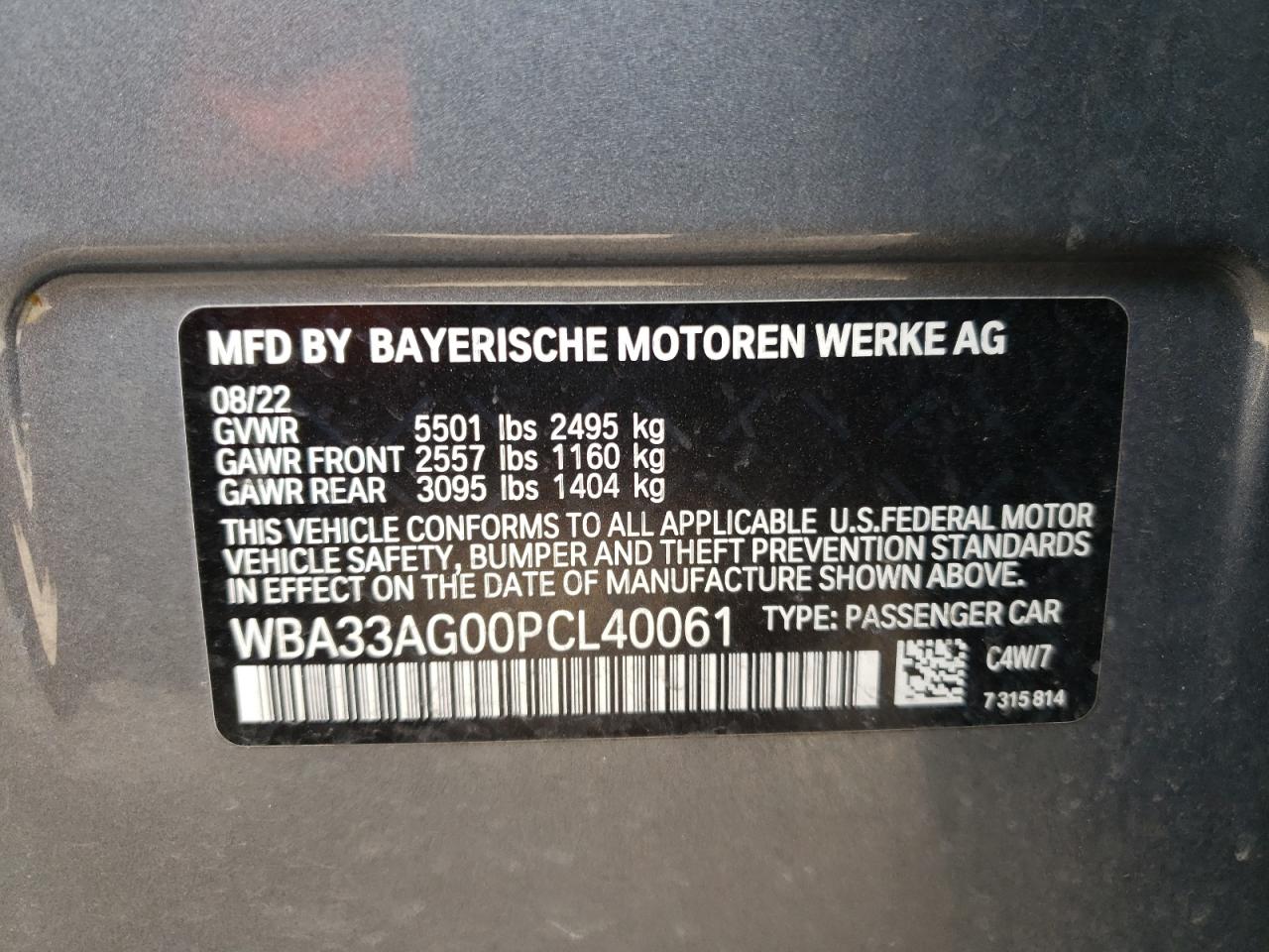 2023 BMW 530XE VIN:WBA33AG00PCL40061