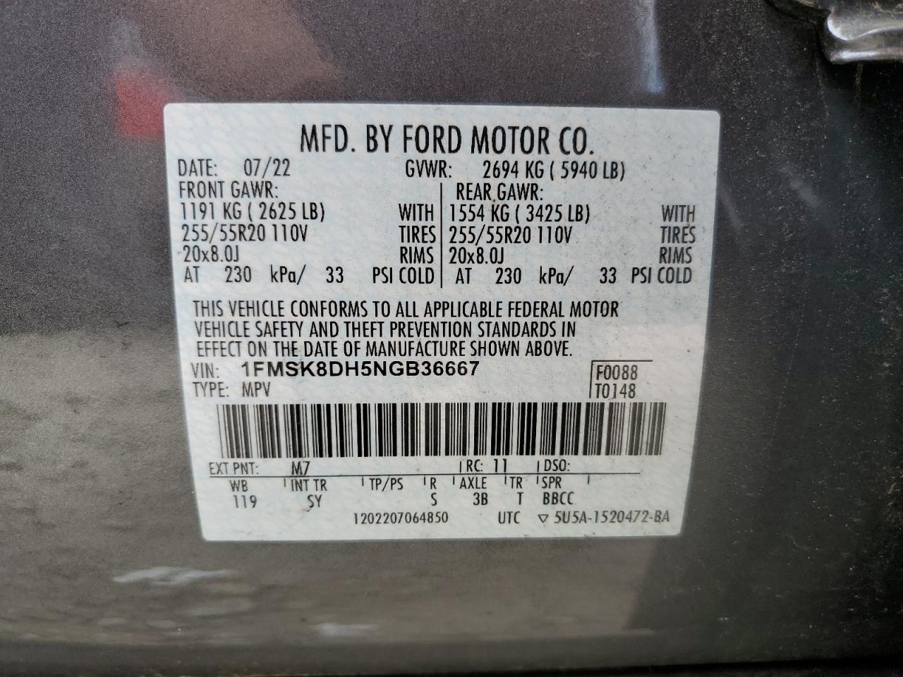 2022 FORD EXPLORER XLT VIN:1FMSK8DH5NGB36667