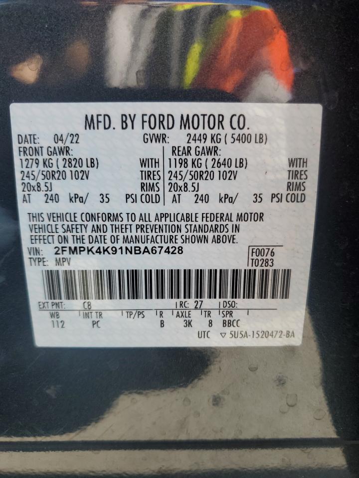 2022 FORD EDGE TITANIUM VIN:2FMPK4K91NBA67428