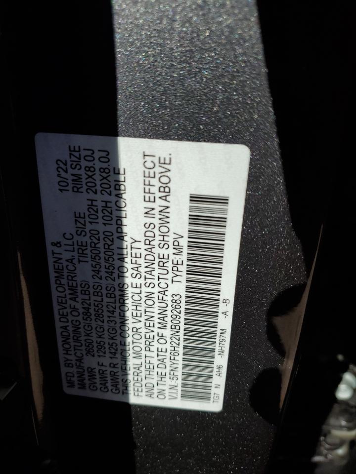 2022 HONDA PILOT SE VIN:5FNYF6H22NB092683