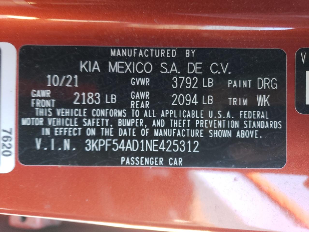 2022 KIA FORTE GT LINE VIN:3KPF54AD1NE425312