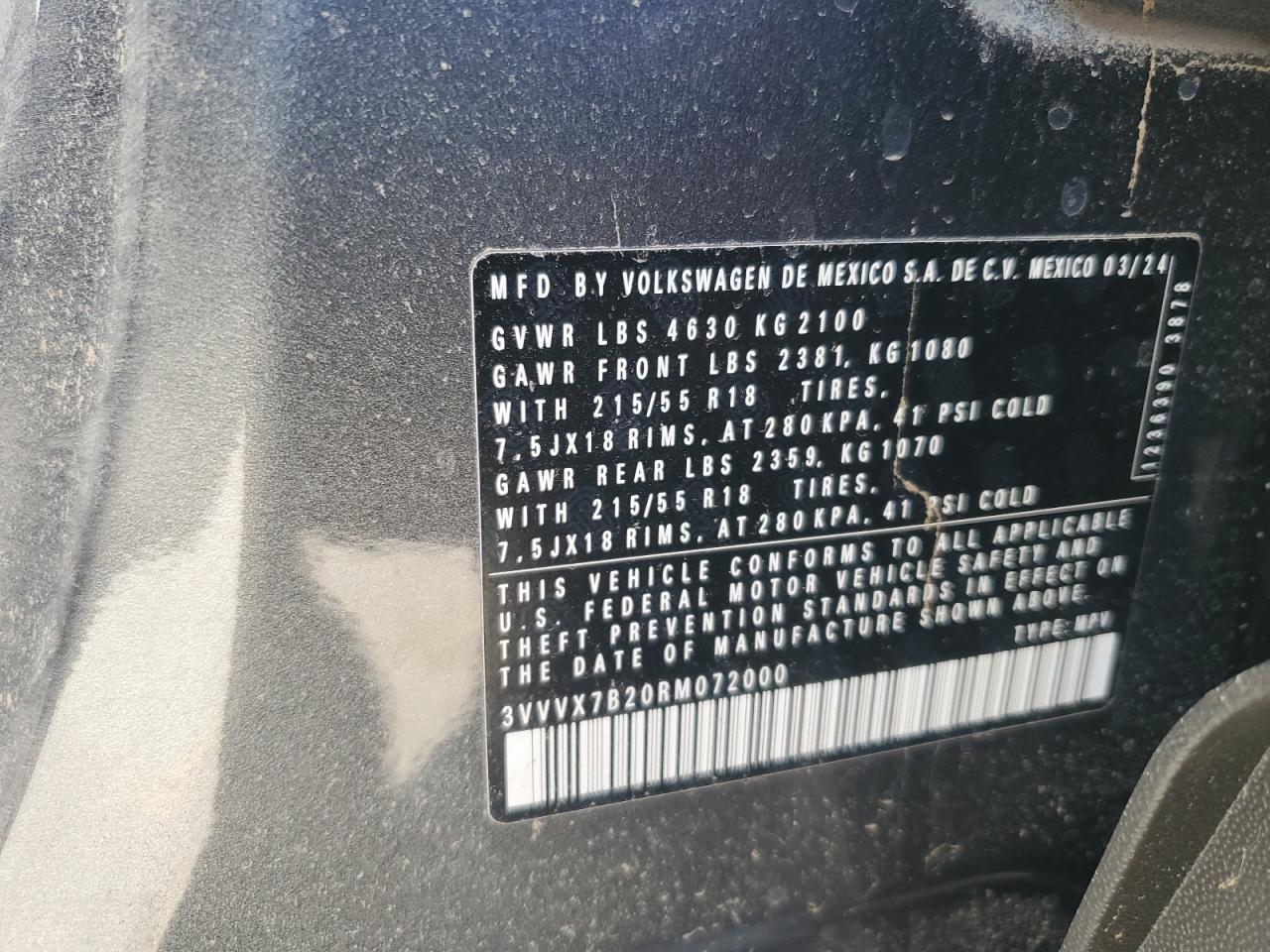 2024 VOLKSWAGEN TAOS SE VIN:3VVVX7B20RM072000