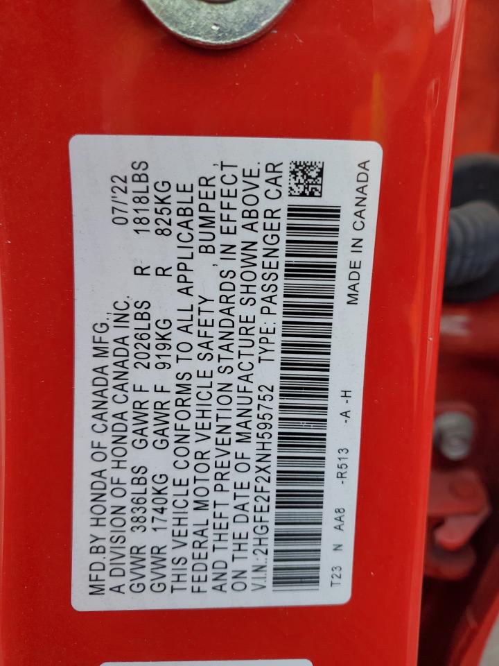 2022 HONDA CIVIC LX VIN:2HGFE2F2XNH595752