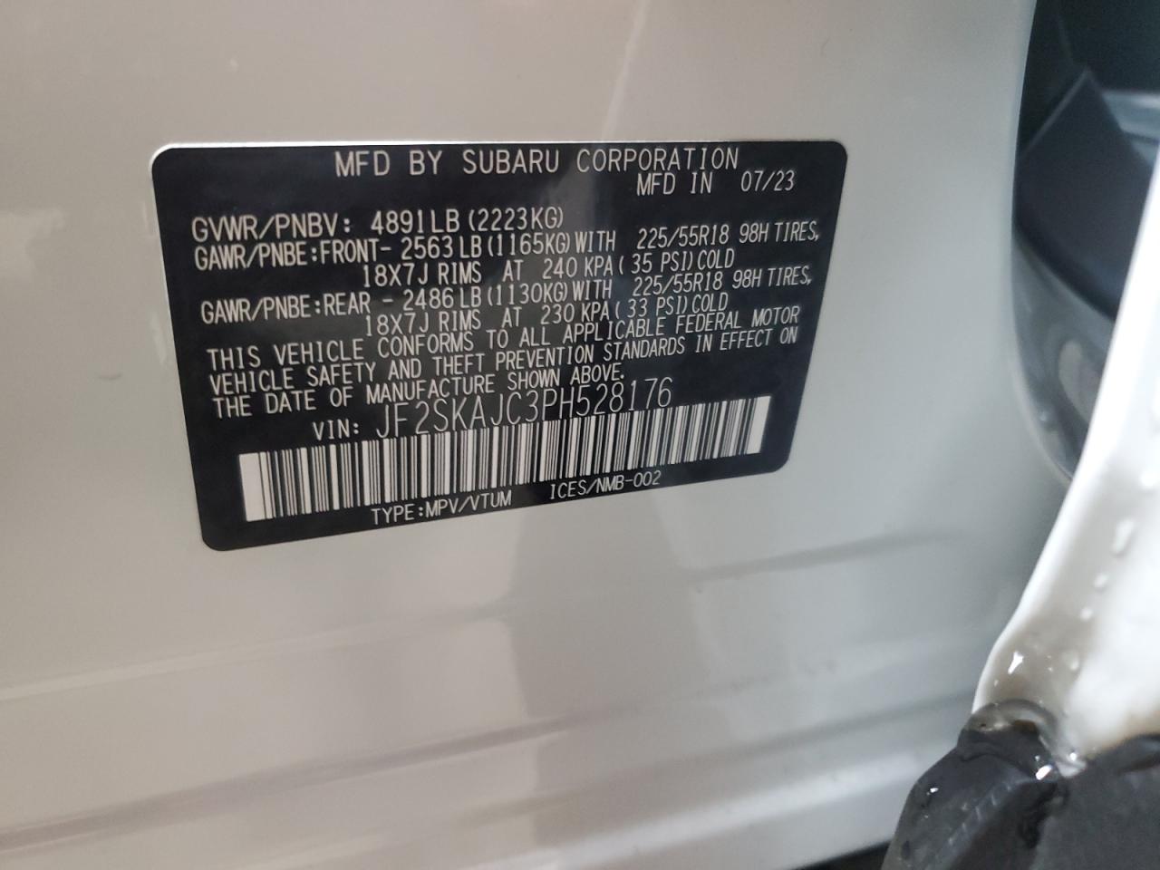 2023 SUBARU FORESTER SPORT VIN:JF2SKAJC3PH528176