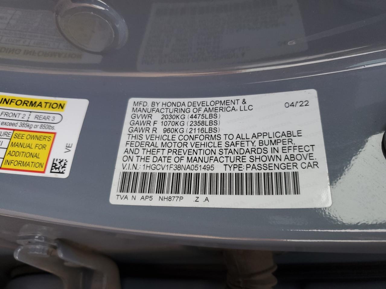 2022 HONDA ACCORD SPORT VIN:1HGCV1F38NA051495