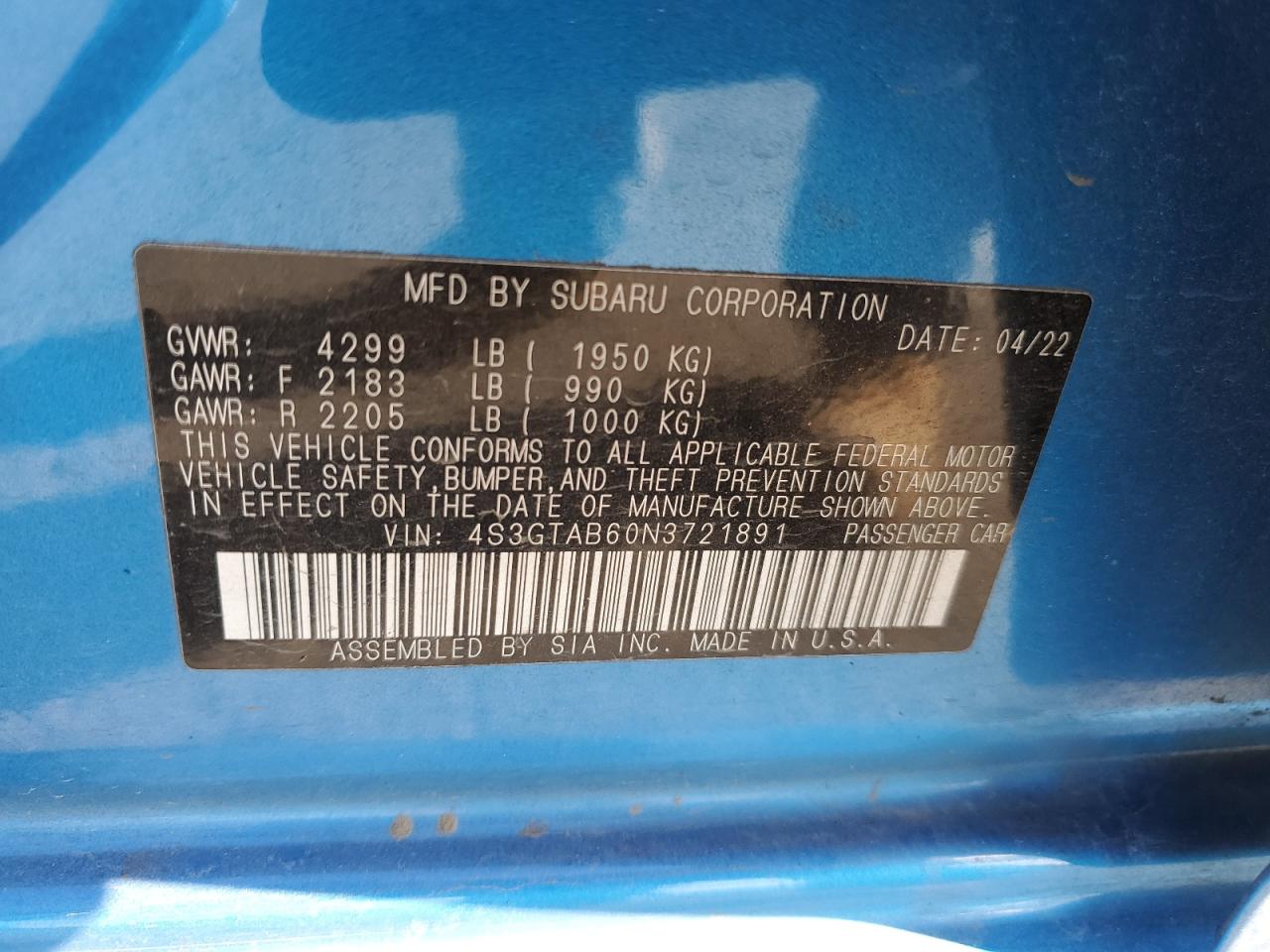 2022 SUBARU IMPREZA VIN:4S3GTAB60N3721891