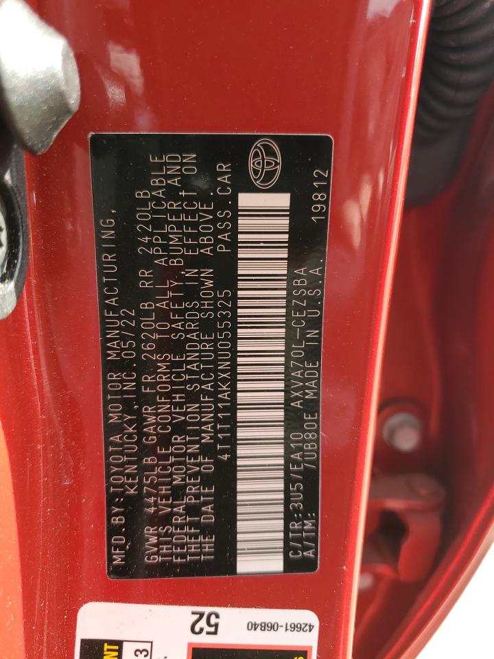 2022 TOYOTA CAMRY SE VIN:4T1T11AKXNU055325