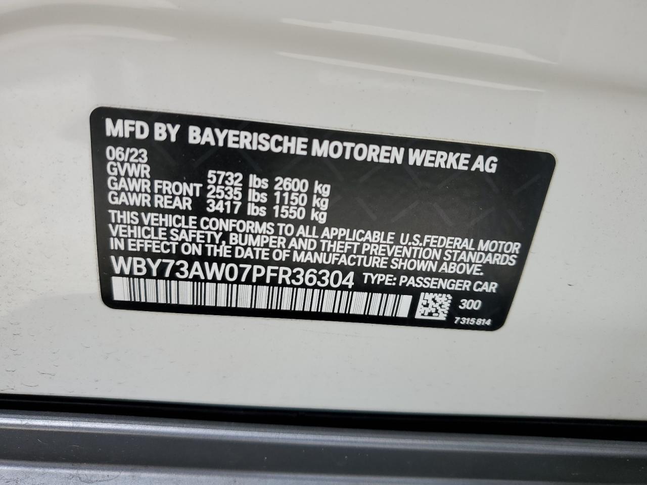 2023 BMW I4 EDRIVE40 VIN:WBY73AW07PFR36304