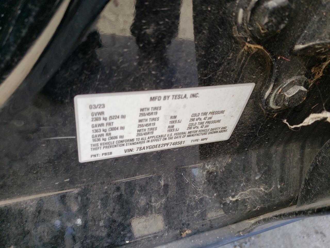 2023 TESLA MODEL Y VIN:7SAYGDEE2PF748581