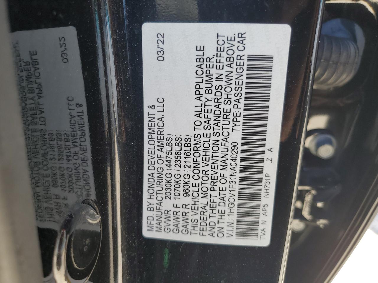 2022 HONDA ACCORD SPORT VIN:1HGCV1F31NA040290