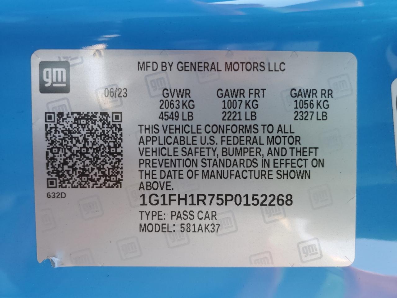 2023 CHEVROLET CAMARO SS VIN:1G1FH1R75P0152268