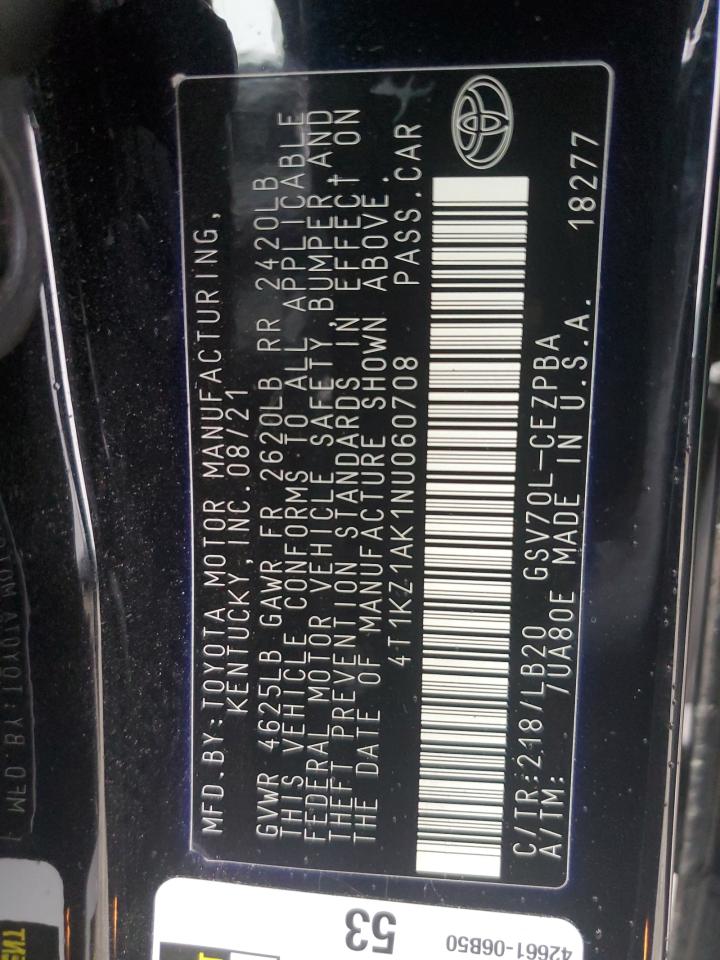 2022 TOYOTA CAMRY TRD VIN:4T1KZ1AK1NU060708