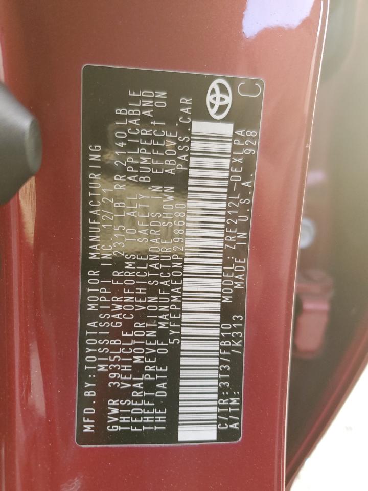 2022 TOYOTA COROLLA LE VIN:5YFEPMAE0NP298680