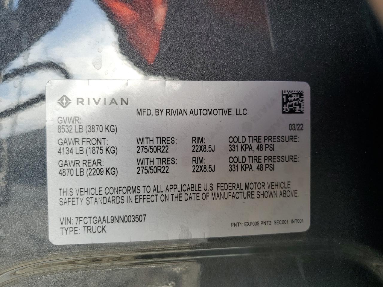 2022 RIVIAN R1T LAUNCH EDITION VIN:7FCTGAAL9NN003507