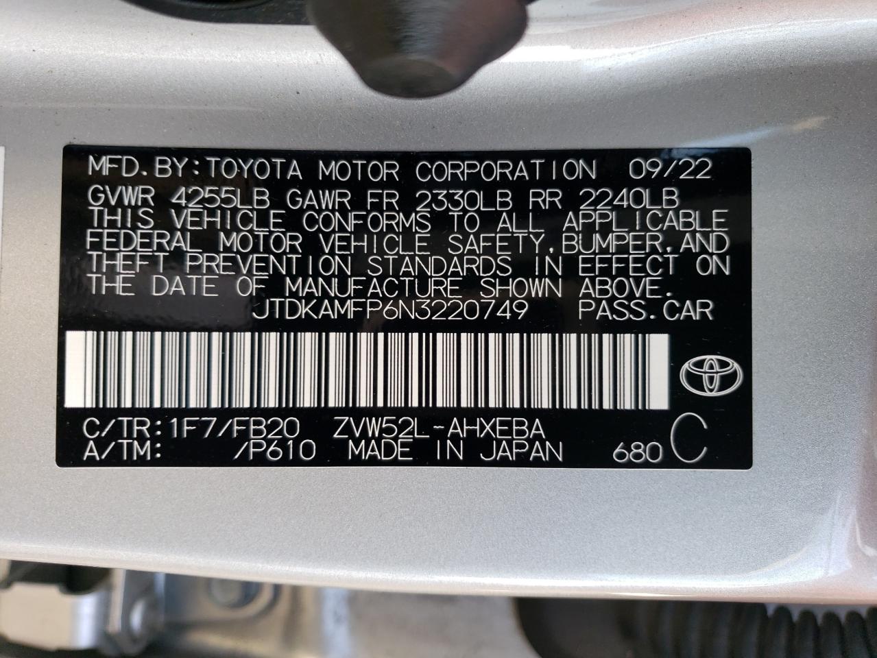 2022 TOYOTA PRIUS PRIME LE VIN:JTDKAMFP6N3220749