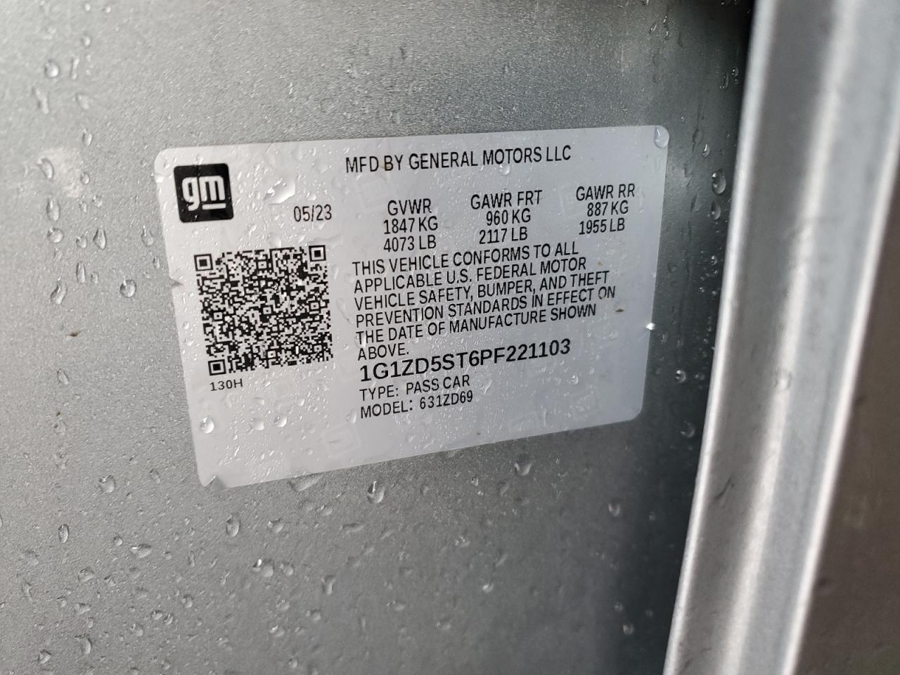 2023 CHEVROLET MALIBU LT VIN:1G1ZD5ST6PF221103