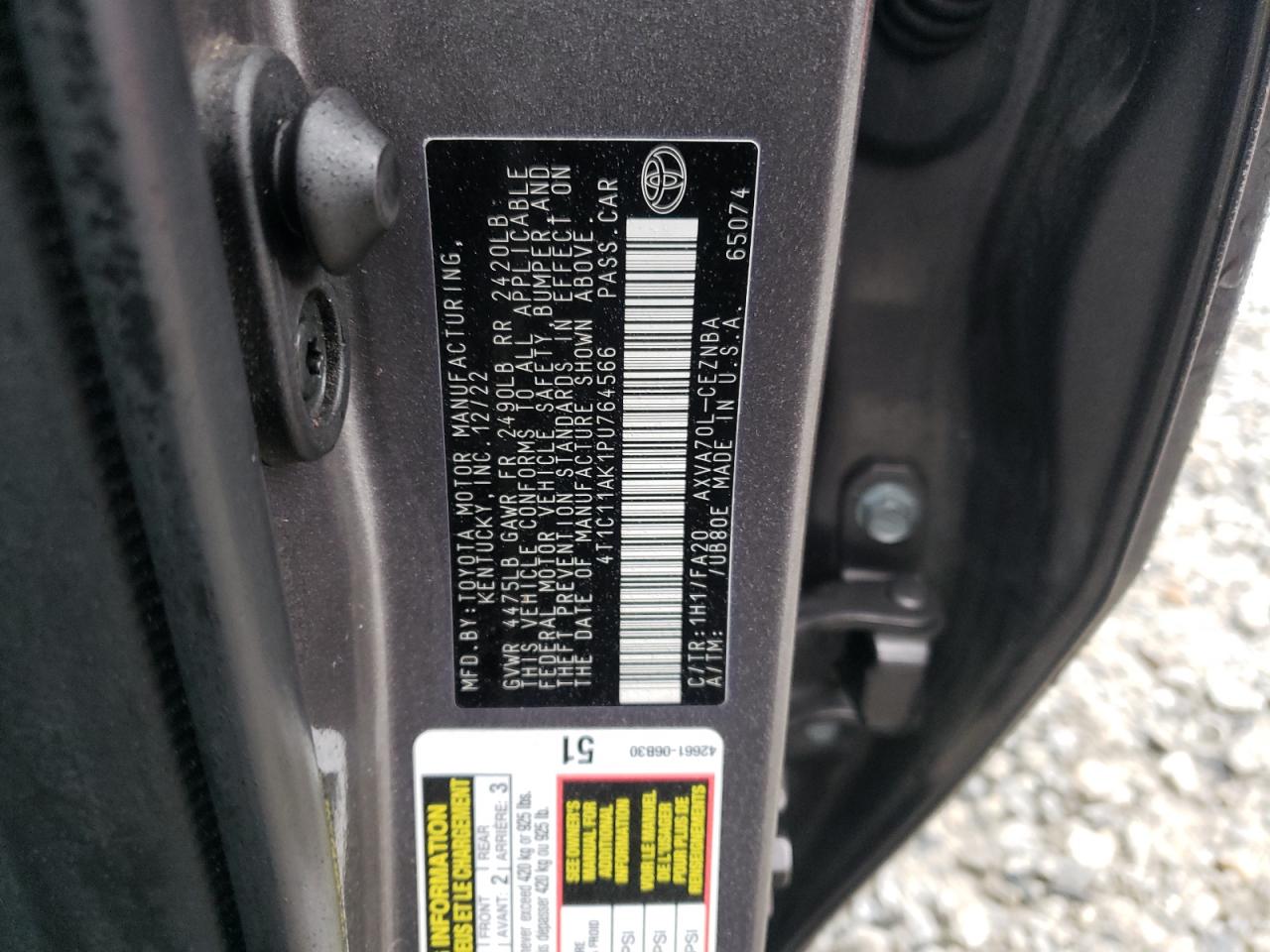 2023 TOYOTA CAMRY LE VIN:4T1C11AK1PU764566