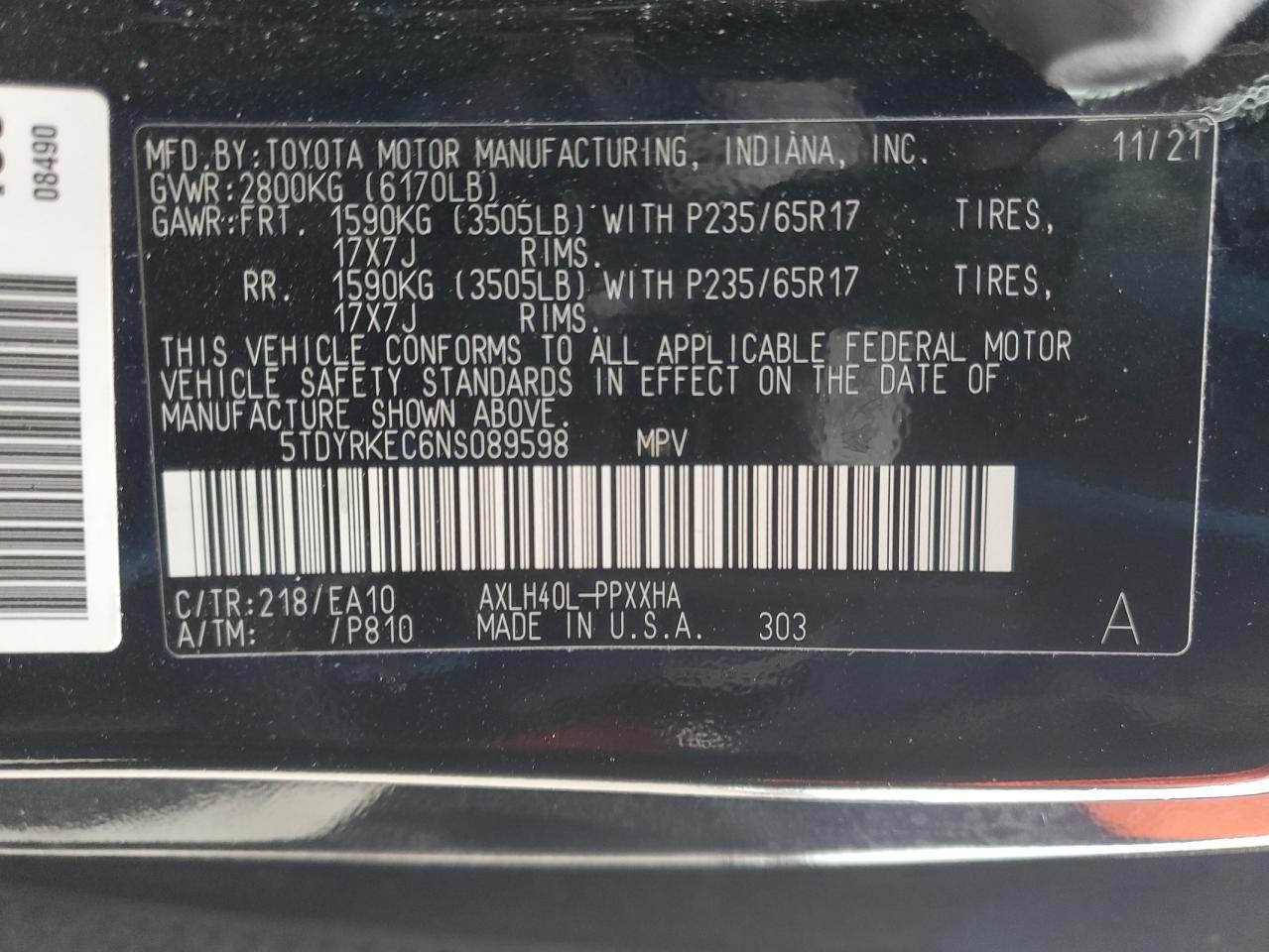 2022 TOYOTA SIENNA XLE VIN:5TDYRKEC6NS089598