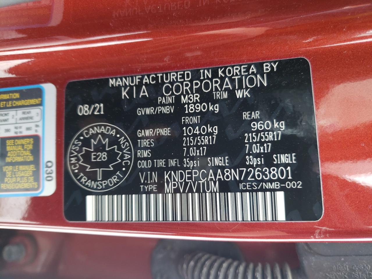 2022 KIA SELTOS LX VIN:KNDEPCAA8N7263801