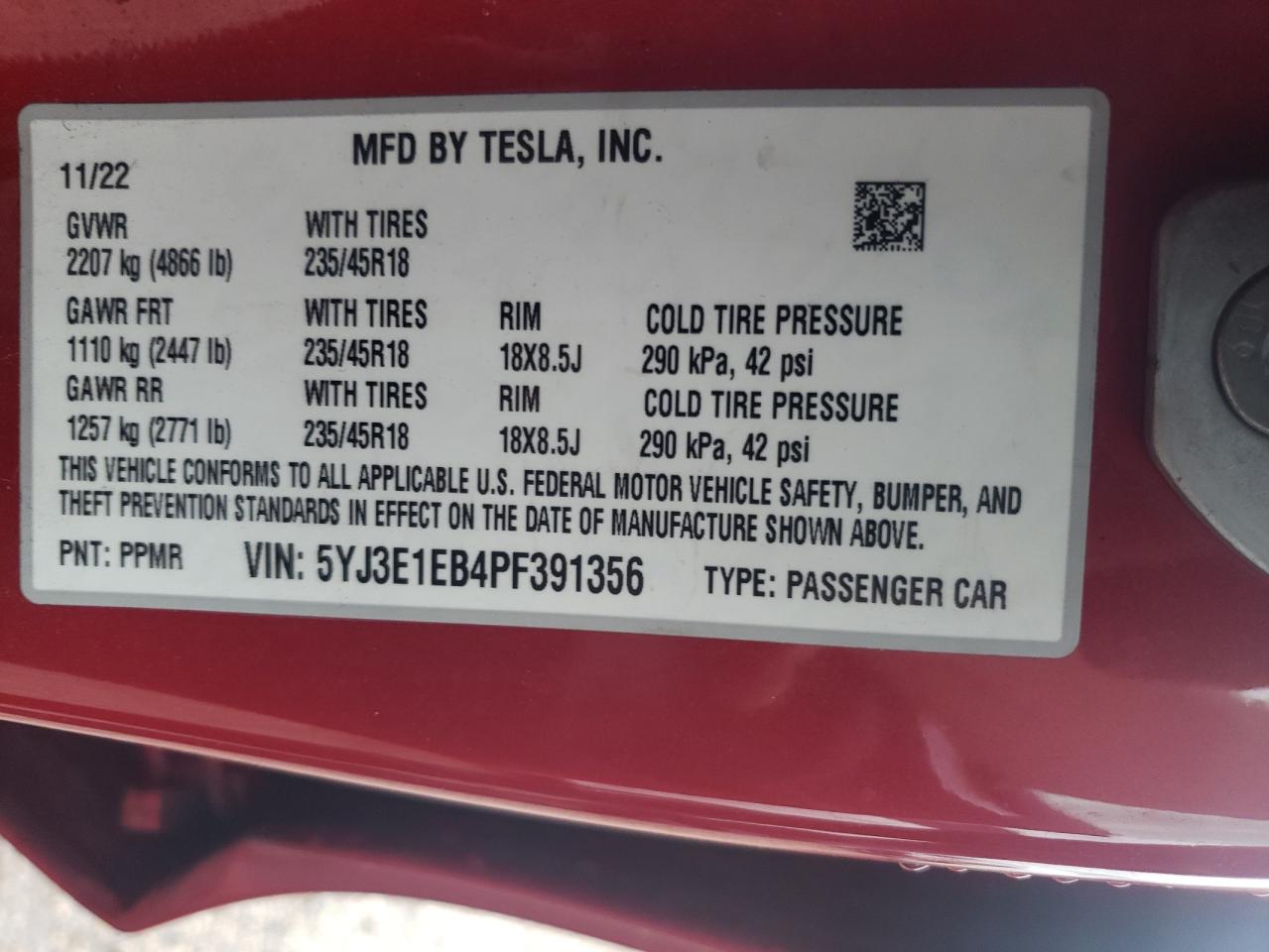 2023 TESLA MODEL 3 VIN:5YJ3E1EB4PF391356