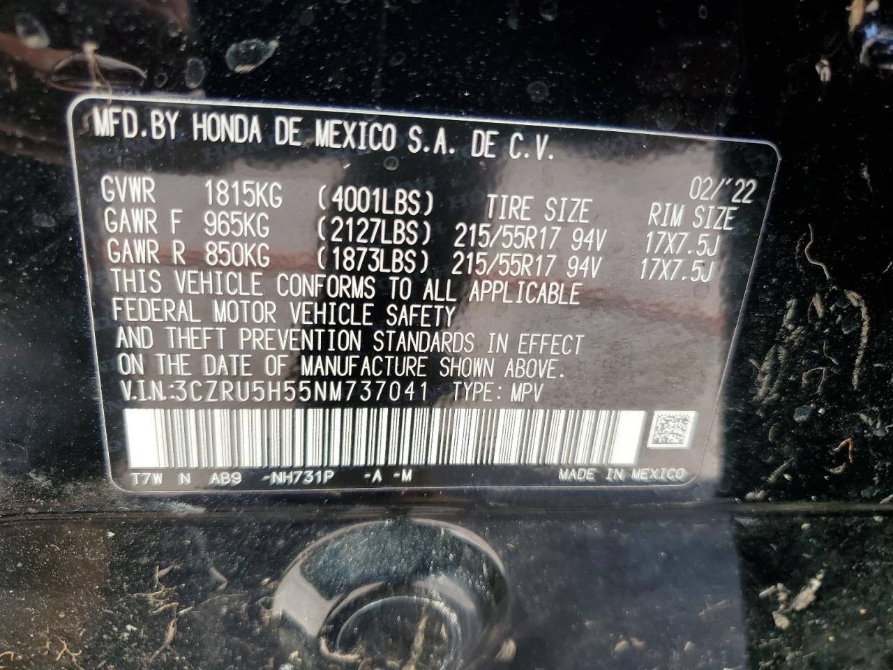 2022 HONDA HR-V EX VIN:3CZRU5H55NM737041