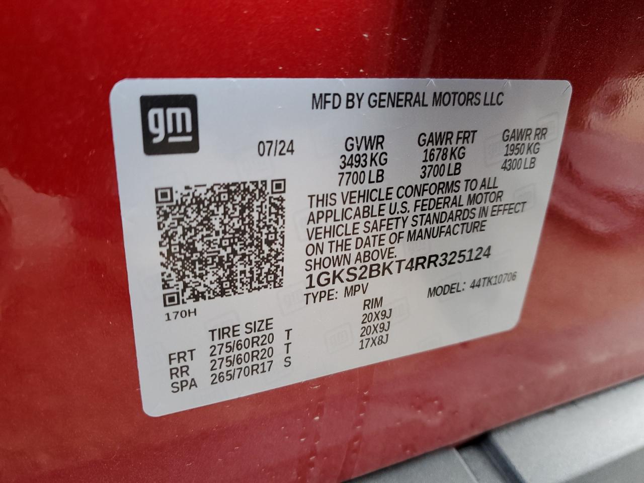 2024 GMC YUKON SLT VIN:1GKS2BKT4RR325124