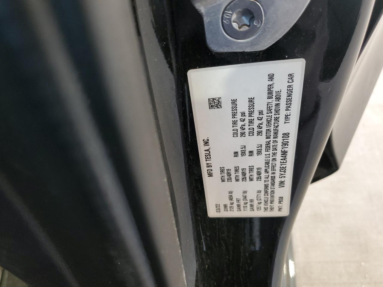 2022 TESLA MODEL 3 VIN:5YJ3E1EA4NF190108