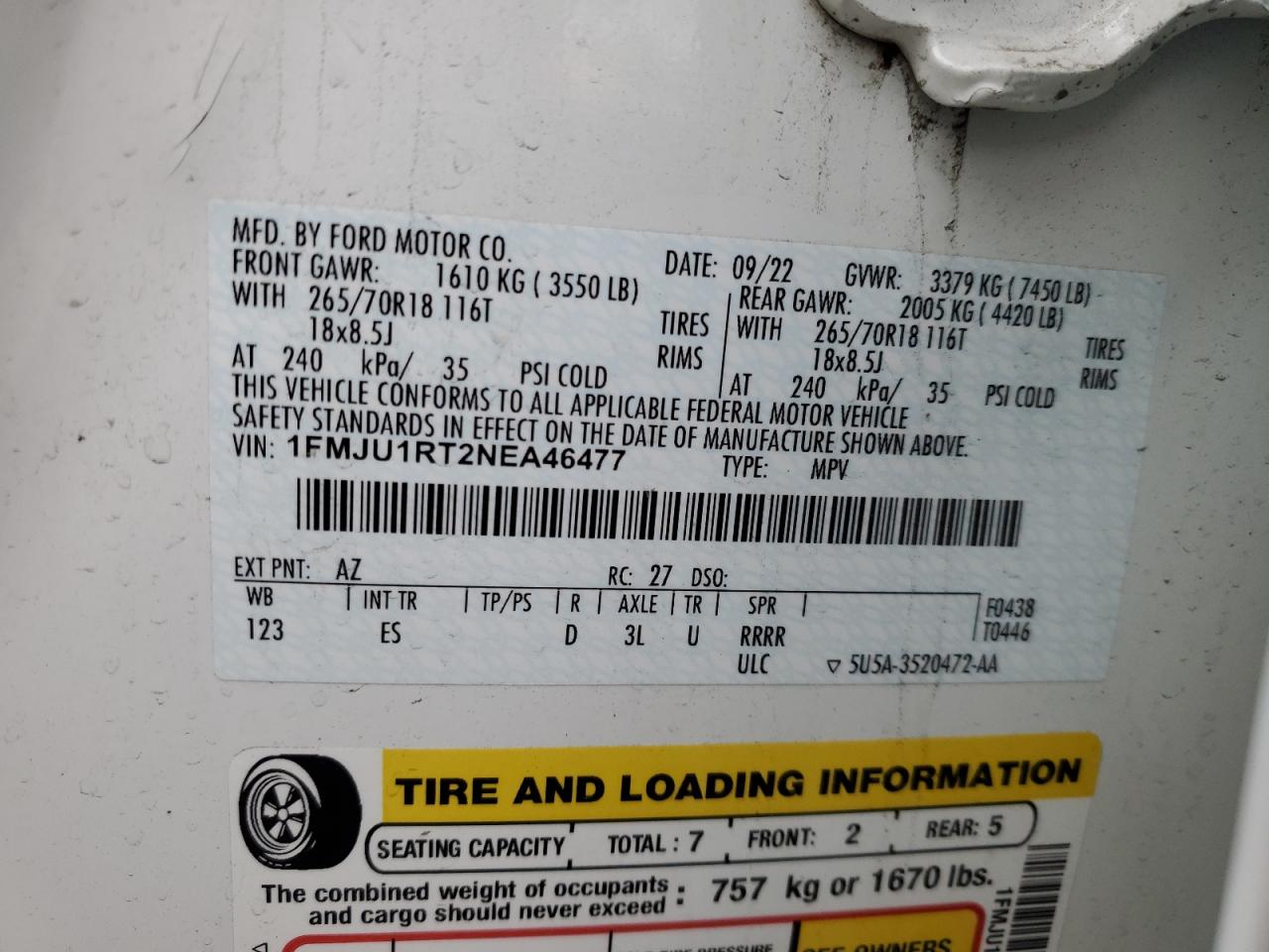2022 FORD EXPEDITION TIMBERLINE VIN:1FMJU1RT2NEA46477