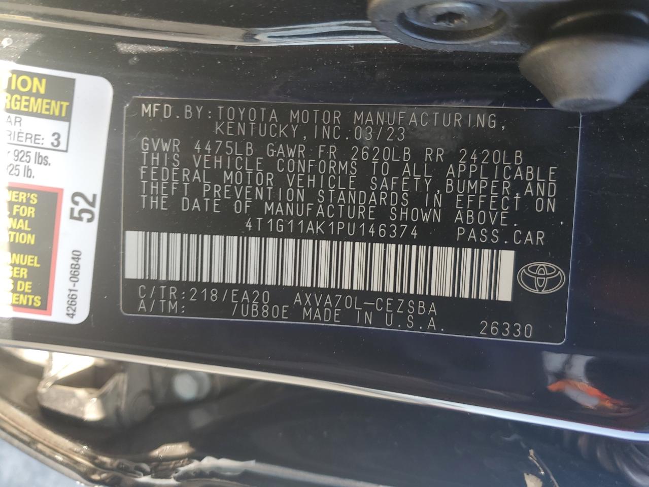 2023 TOYOTA CAMRY SE NIGHT SHADE VIN:4T1G11AK1PU146374