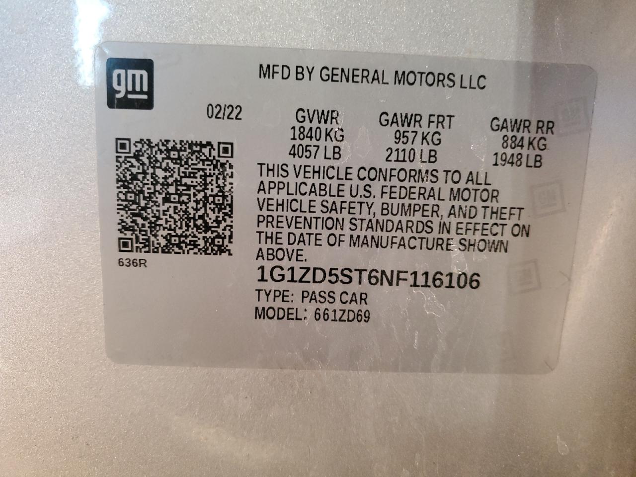 2022 CHEVROLET MALIBU LT VIN:1G1ZD5ST6NF116106