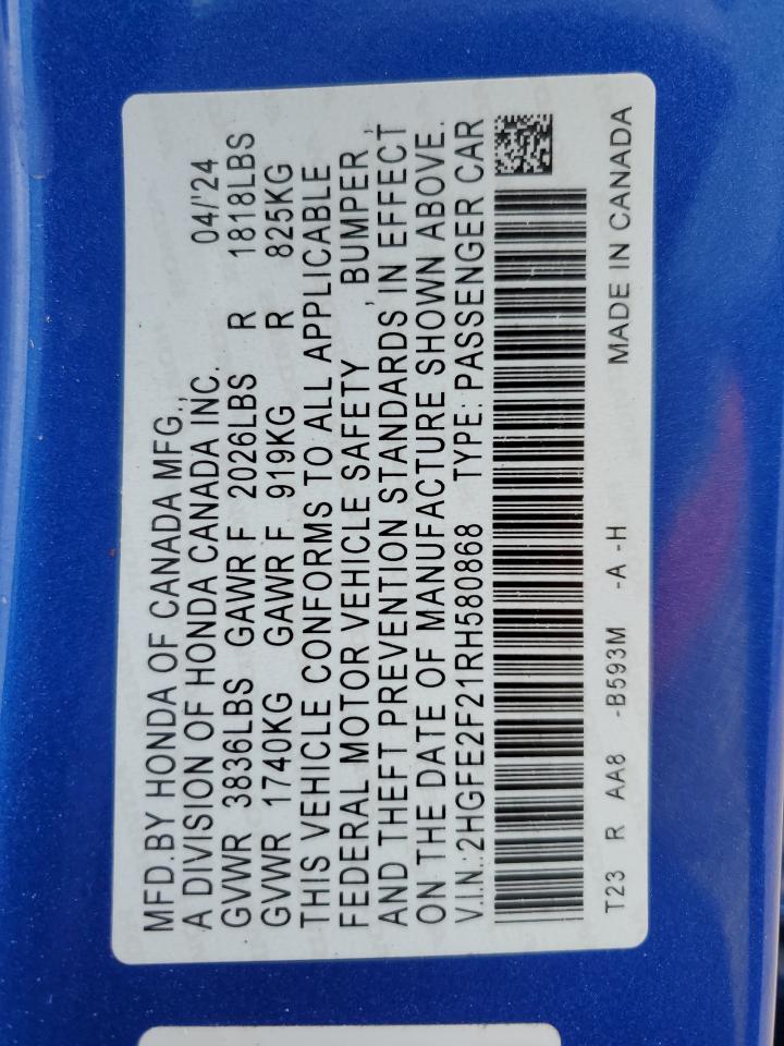 2024 HONDA CIVIC LX VIN:2HGFE2F21RH580868