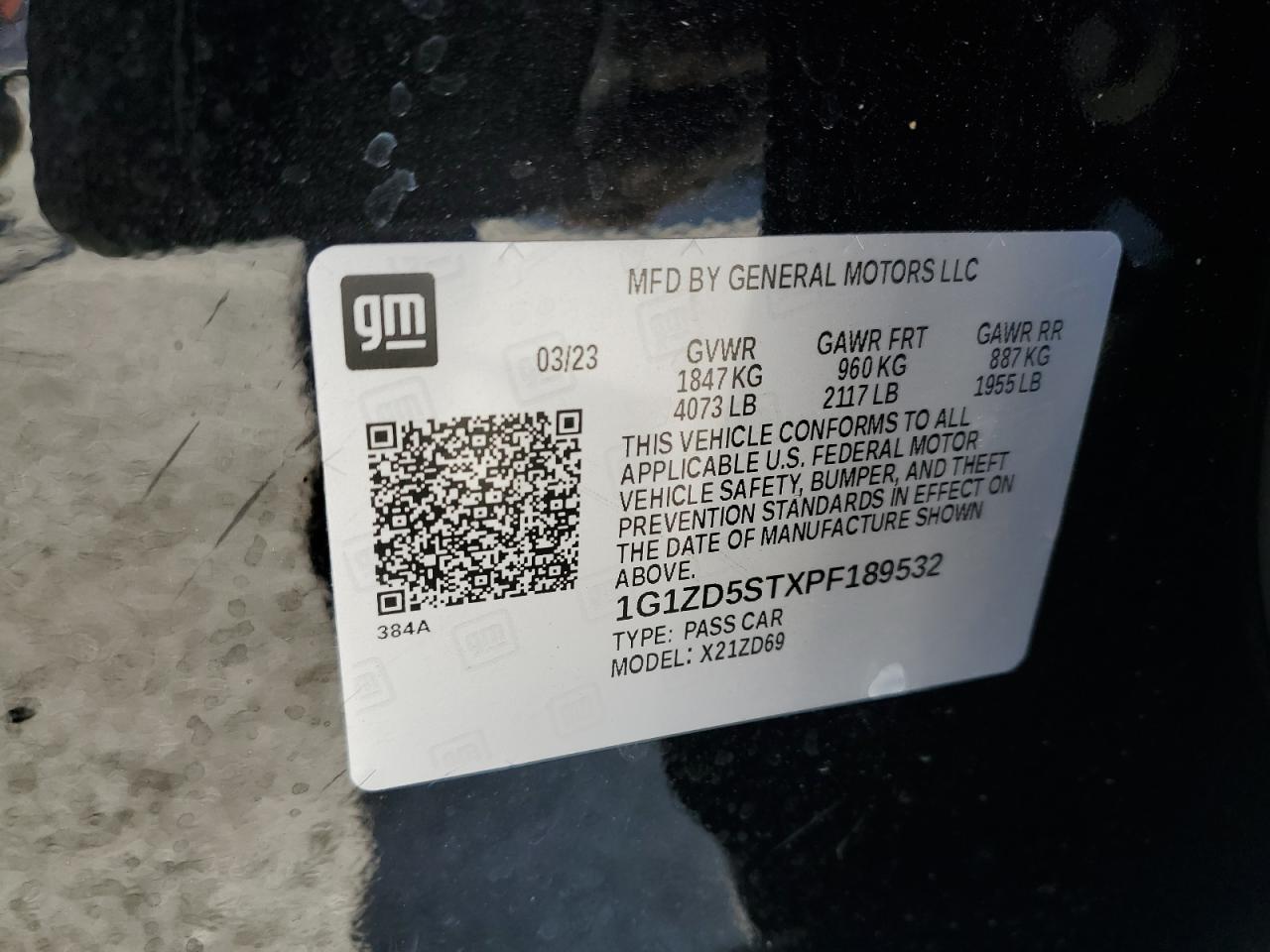 2023 CHEVROLET MALIBU LT VIN:1G1ZD5STXPF189532