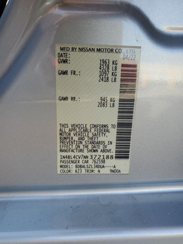 2022 NISSAN ALTIMA SR VIN:1N4BL4CV7NN372188