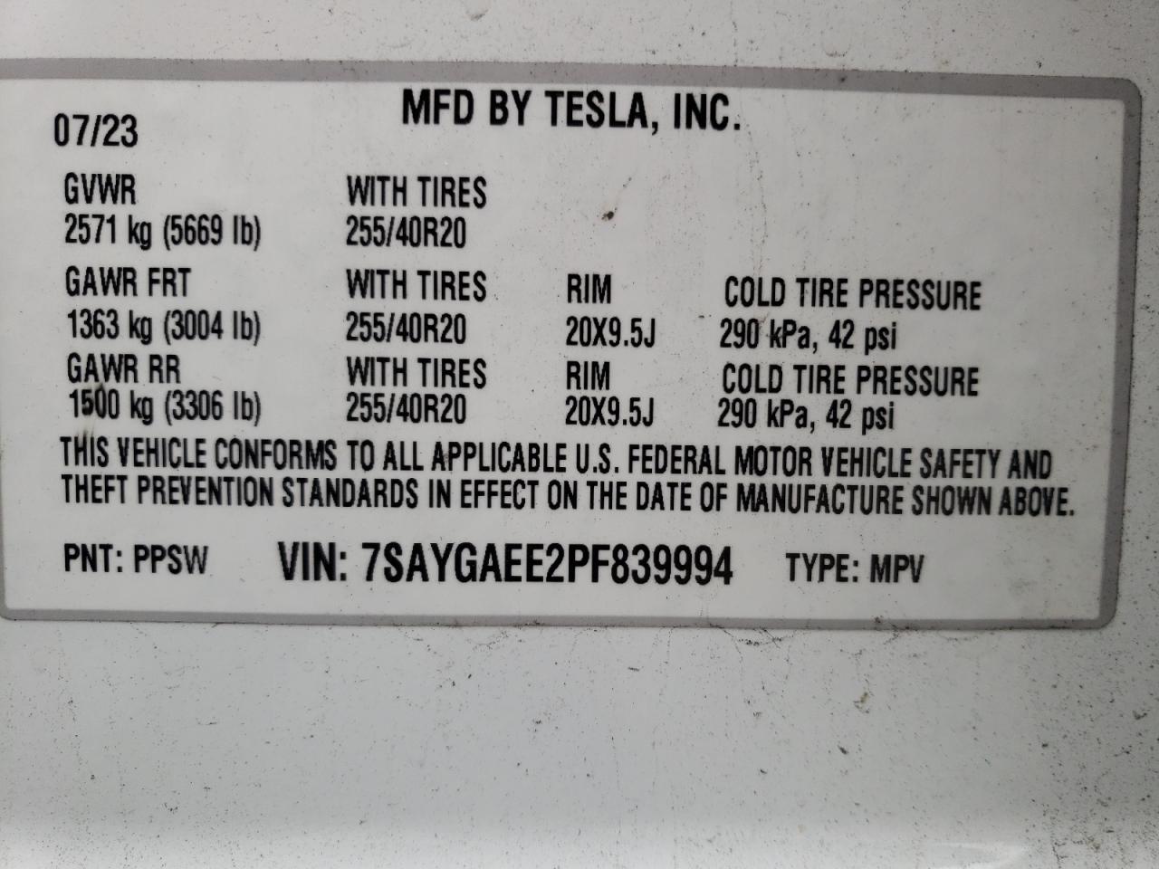 2023 TESLA MODEL Y VIN:7SAYGAEE2PF839994