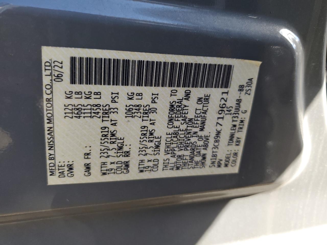2022 NISSAN ROGUE SL VIN:5N1BT3CB9NC719621