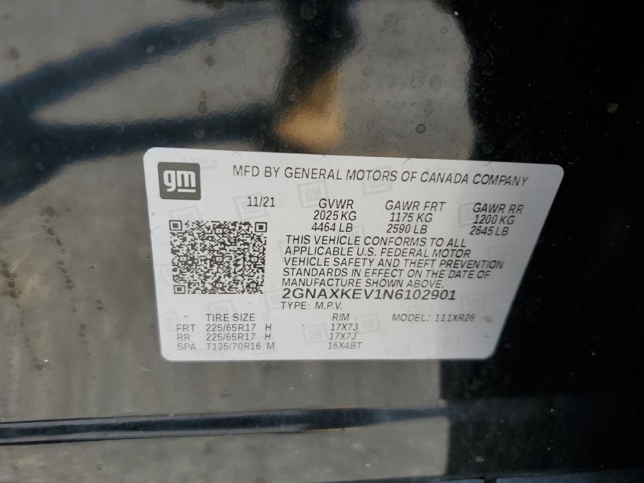 2022 CHEVROLET EQUINOX LT VIN:2GNAXKEV1N6102901