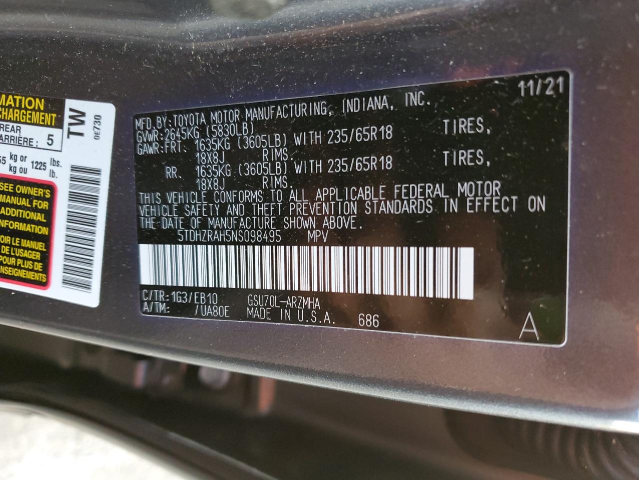 2022 TOYOTA HIGHLANDER XLE VIN:5TDHZRAH5NS098495
