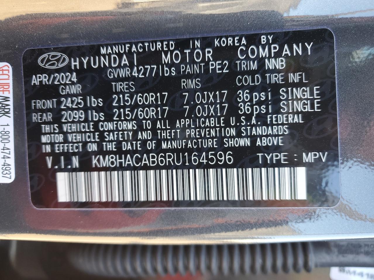 2024 HYUNDAI KONA SE VIN:KM8HACAB6RU164596