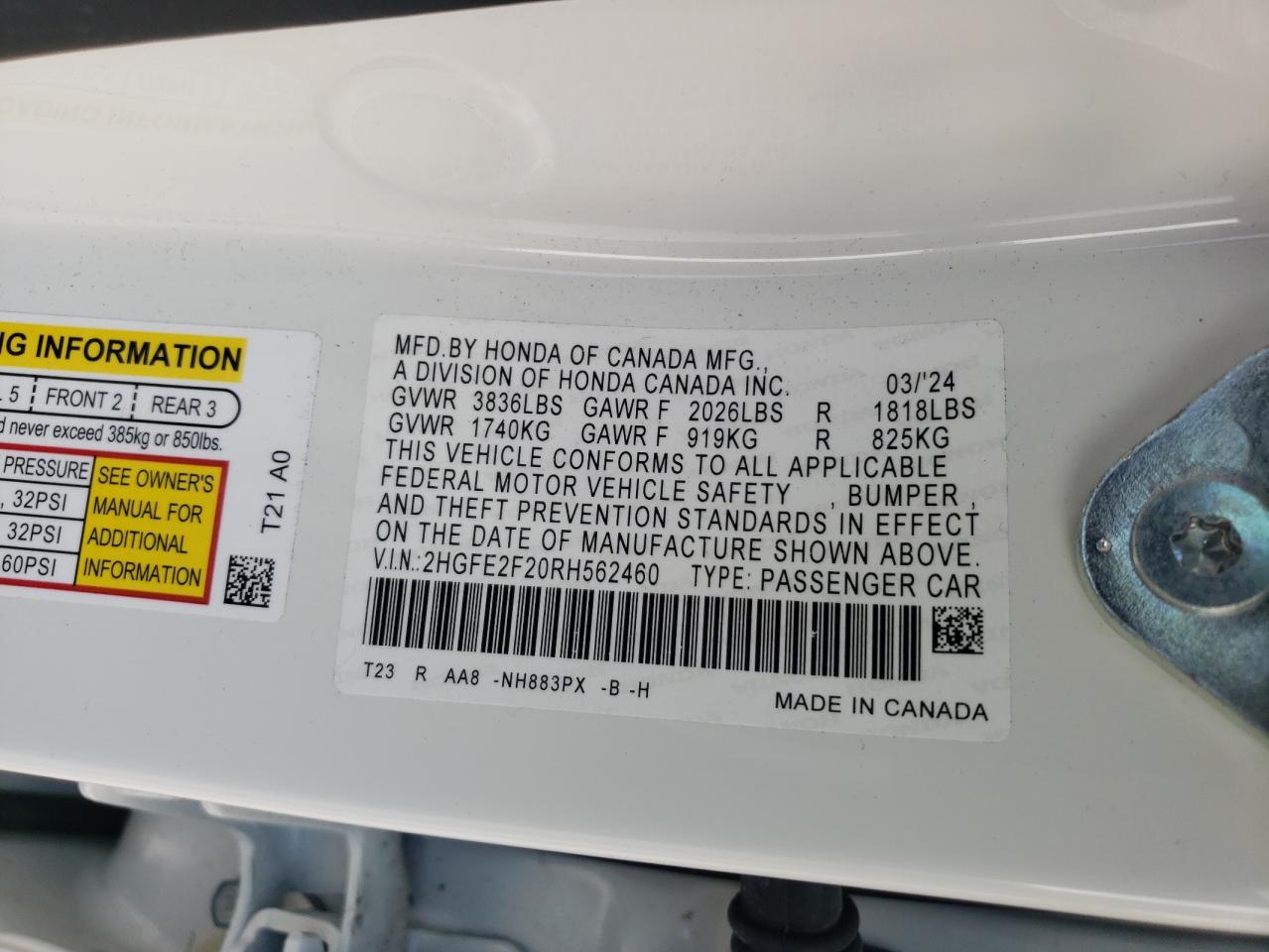 2024 HONDA CIVIC LX VIN:2HGFE2F20RH562460