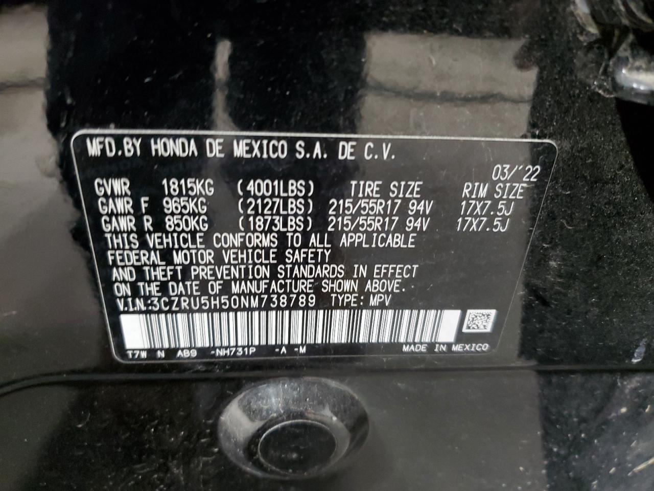 2022 HONDA HR-V EX VIN:3CZRU5H50NM738789