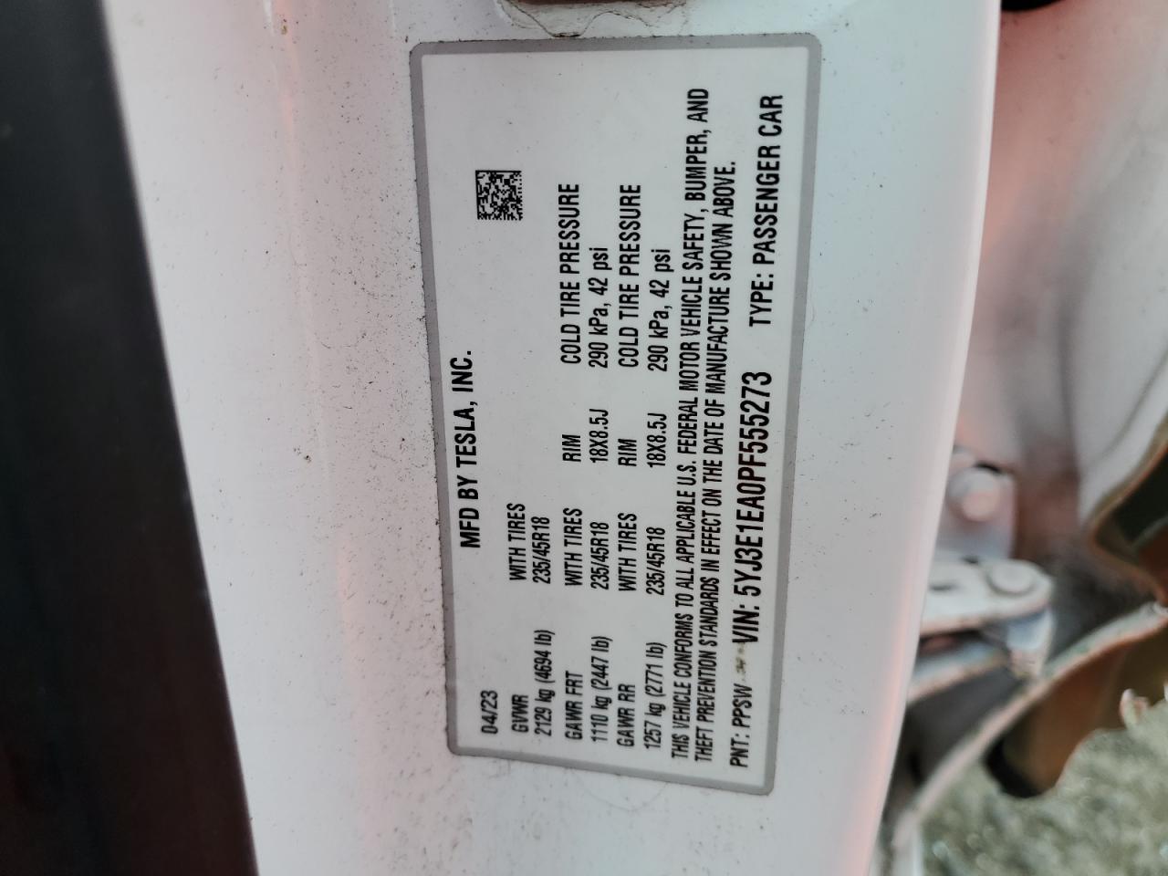 2023 TESLA MODEL 3 VIN:5YJ3E1EA0PF555273