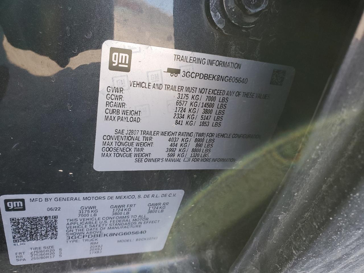 2022 CHEVROLET SILVERADO K1500 CUSTOM VIN:3GCPDBEK8NG605640