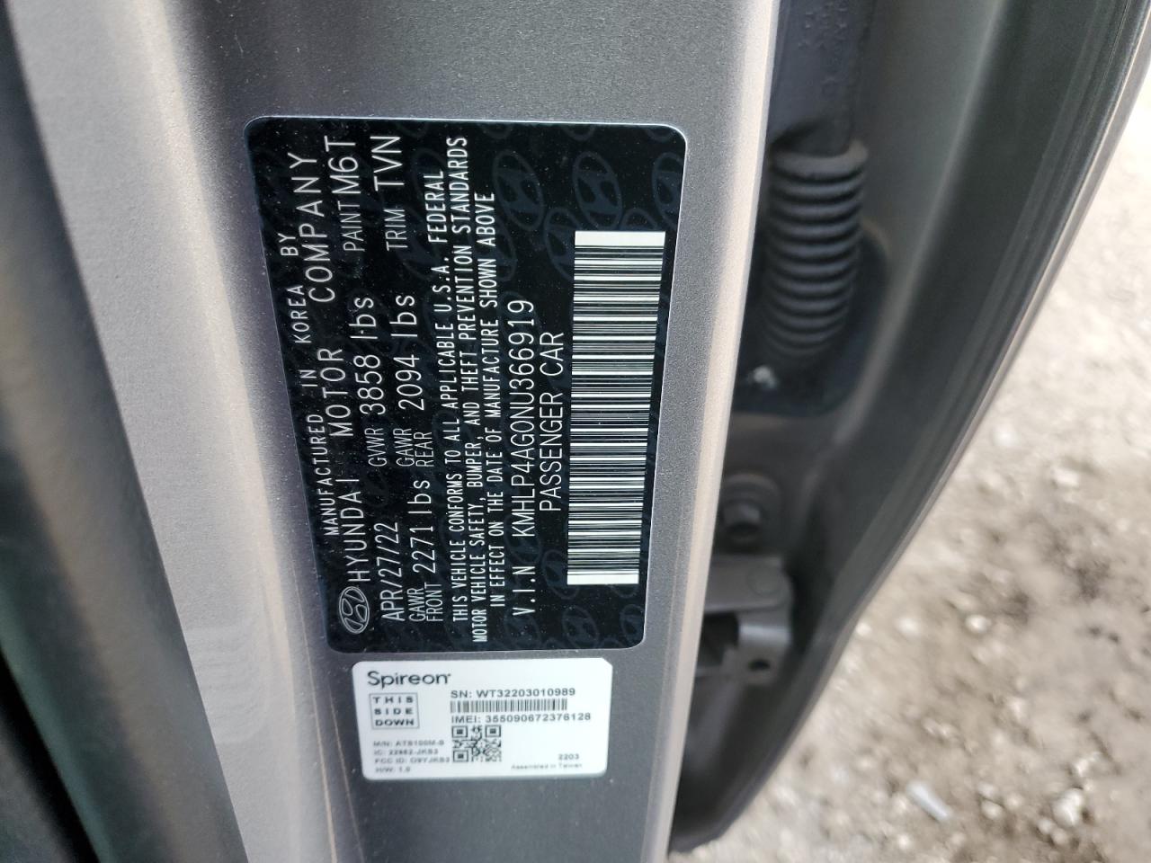 2022 HYUNDAI ELANTRA LIMITED VIN:KMHLP4AG0NU366919