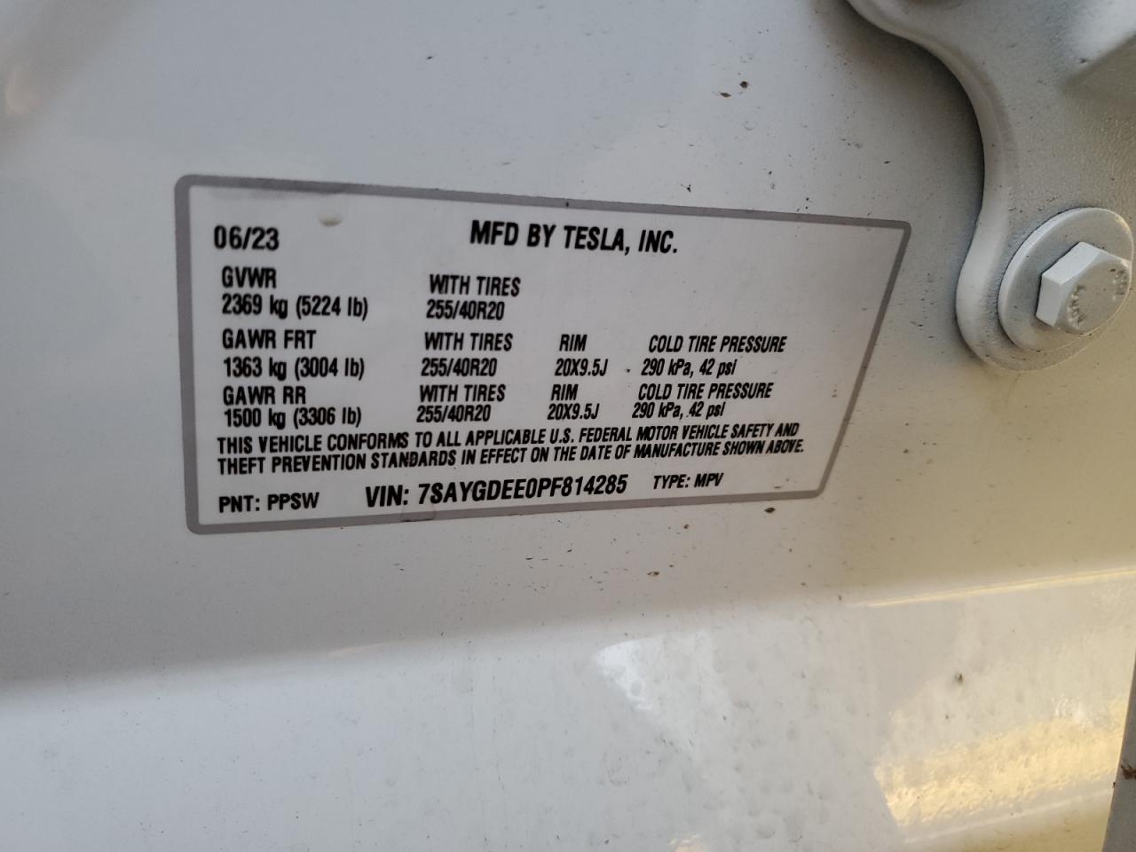 2023 TESLA MODEL Y VIN:7SAYGDEE0PF814285