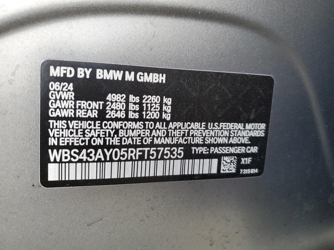 2024 BMW M3 COMPETITION VIN:WBS43AY05RFT57535