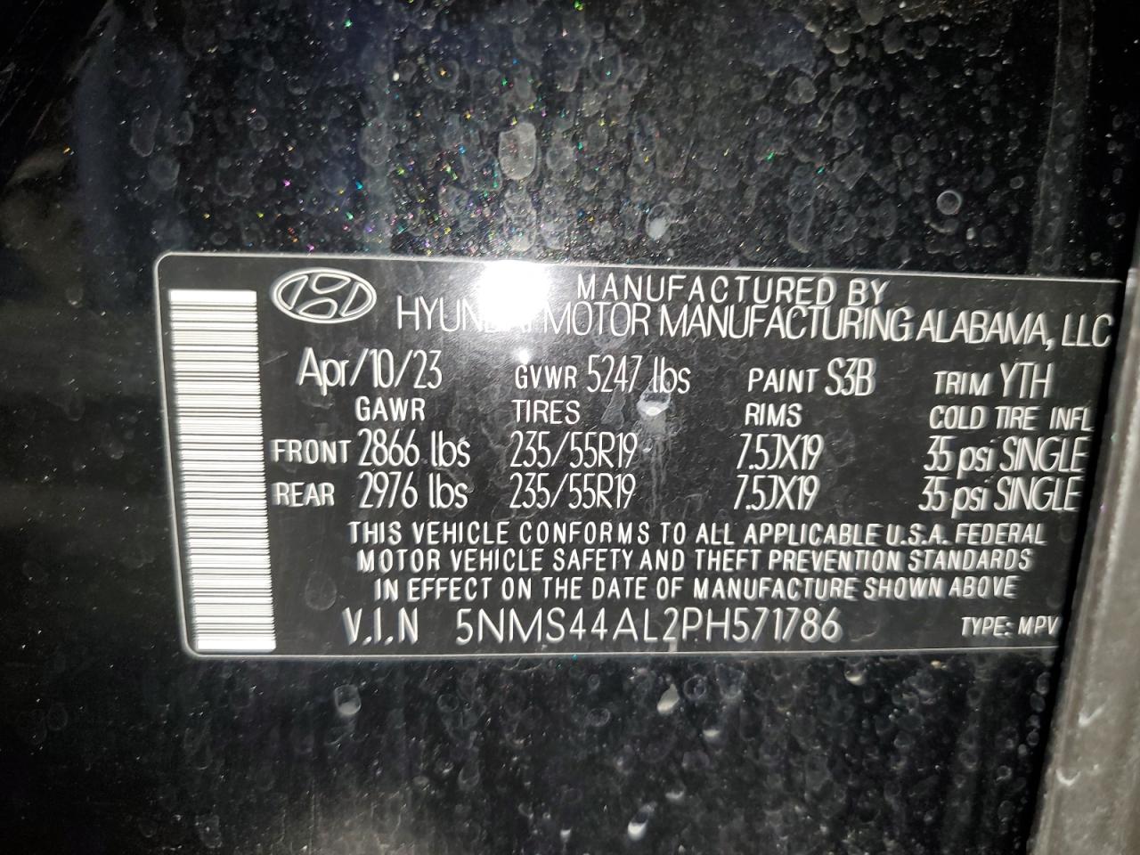 2023 HYUNDAI SANTA FE LIMITED VIN:5NMS44AL2PH571786