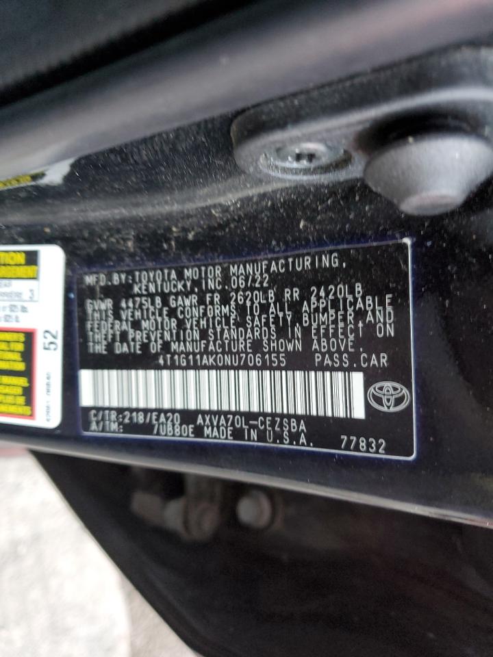 2022 TOYOTA CAMRY SE VIN:4T1G11AK0NU706155