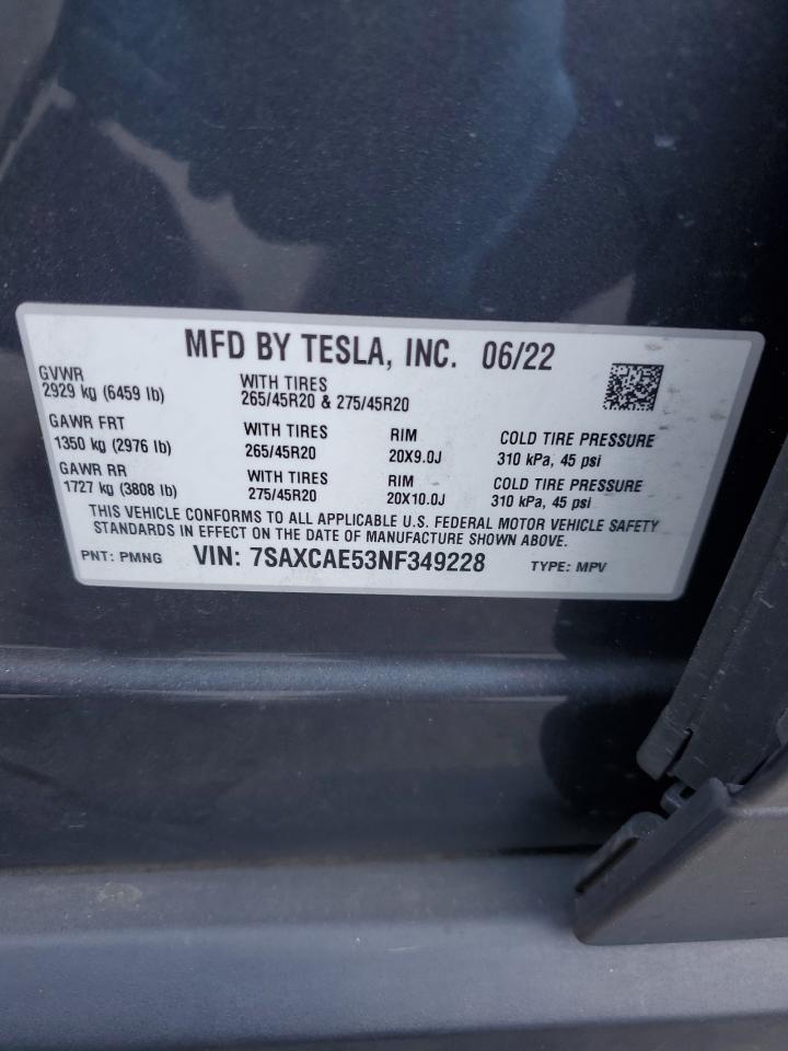 2022 TESLA MODEL X VIN:7SAXCAE53NF349228