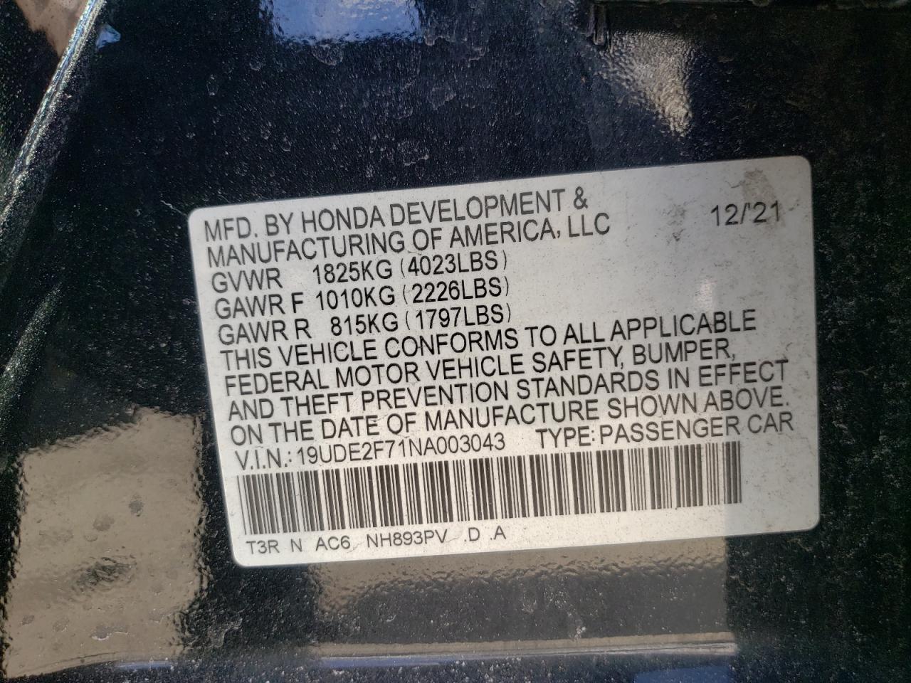 2022 ACURA ILX PREMIUM VIN:19UDE2F71NA003043